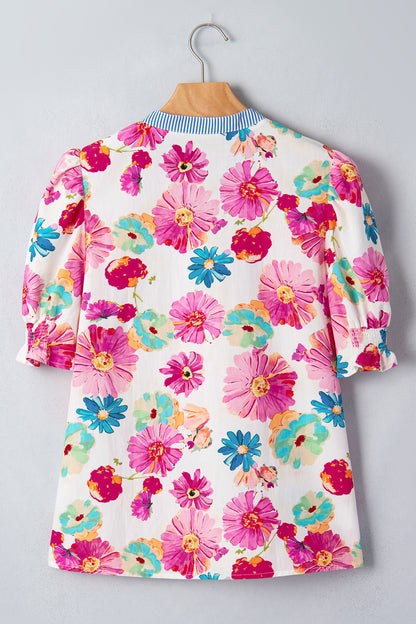 Floral Stripe Trim V-Neck Puff Sleeve Blouse