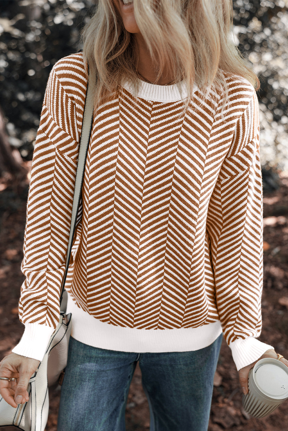 Herringbone Crewneck Drop Shoulder Sweater