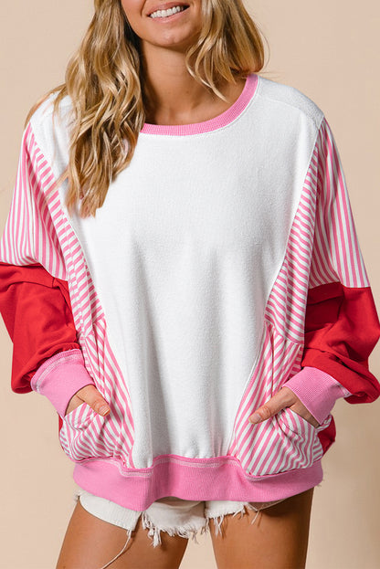 Stripe Batwing Sleeve Pocketed Sweatshirt