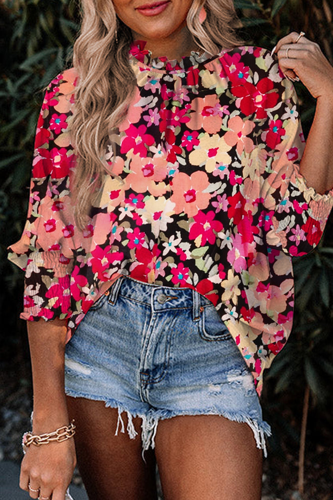 Floral Smocked 3/4 Sleeve Blouse