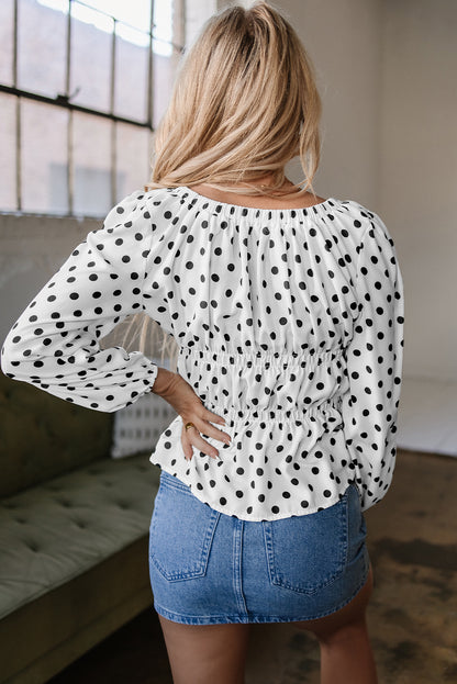 Polka Dot Bow Square Neck Puff Sleeve Top
