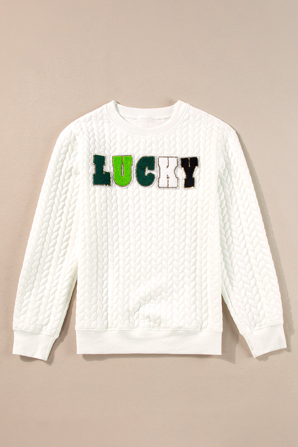 Embroidered Patch Cable Knit Pullover Sweatshirt