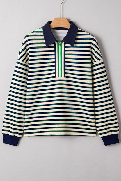 Stripe Contrast Trim Collared Zip Long Sleeve Top