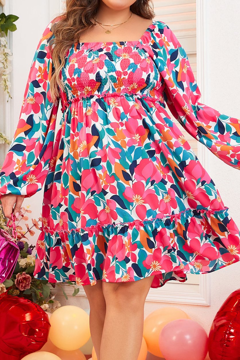 Floral Smocked Square Neck Dress Plus Size