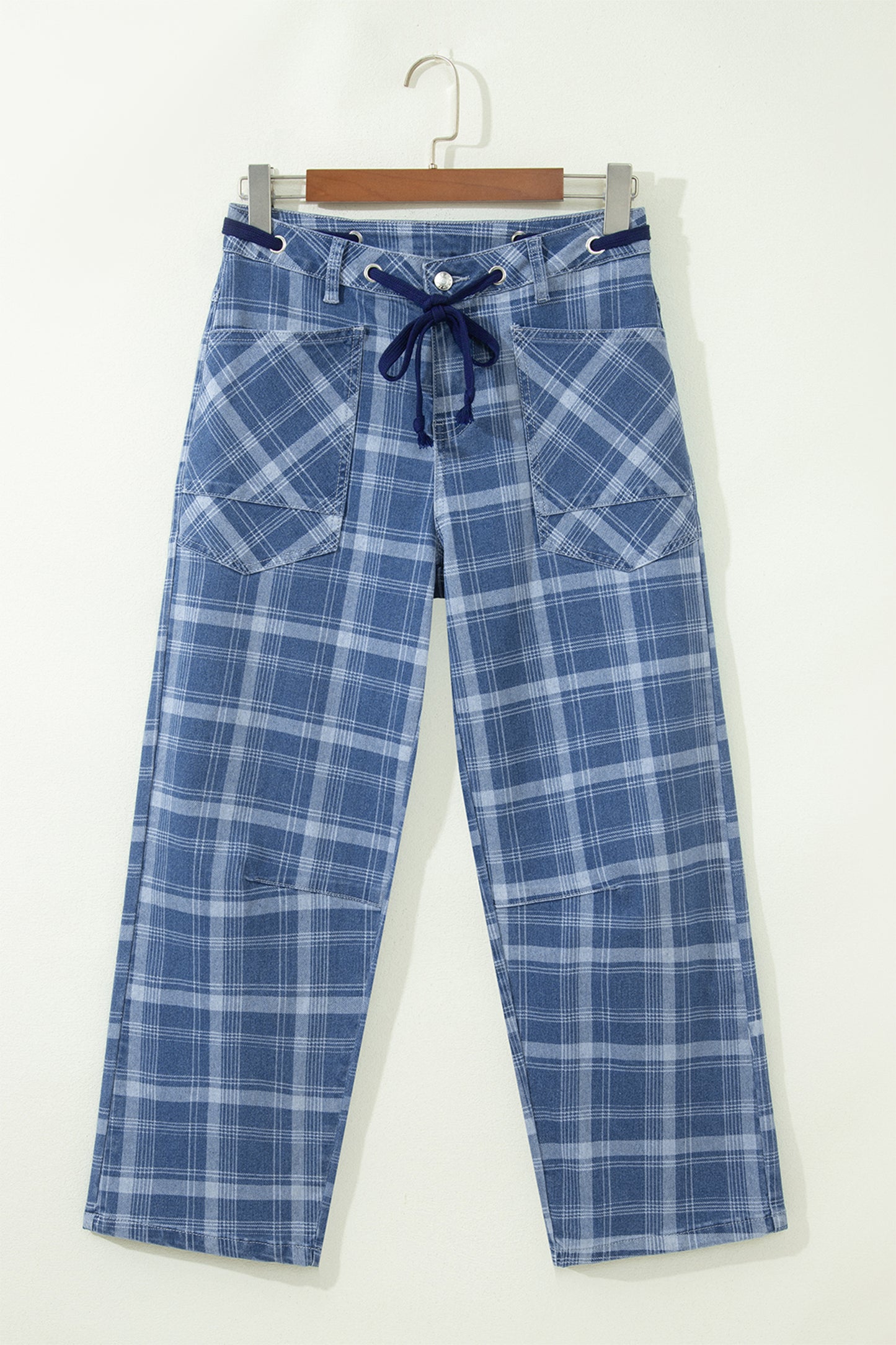 Denim Plaid Grommet Drawstring Waist Jeans