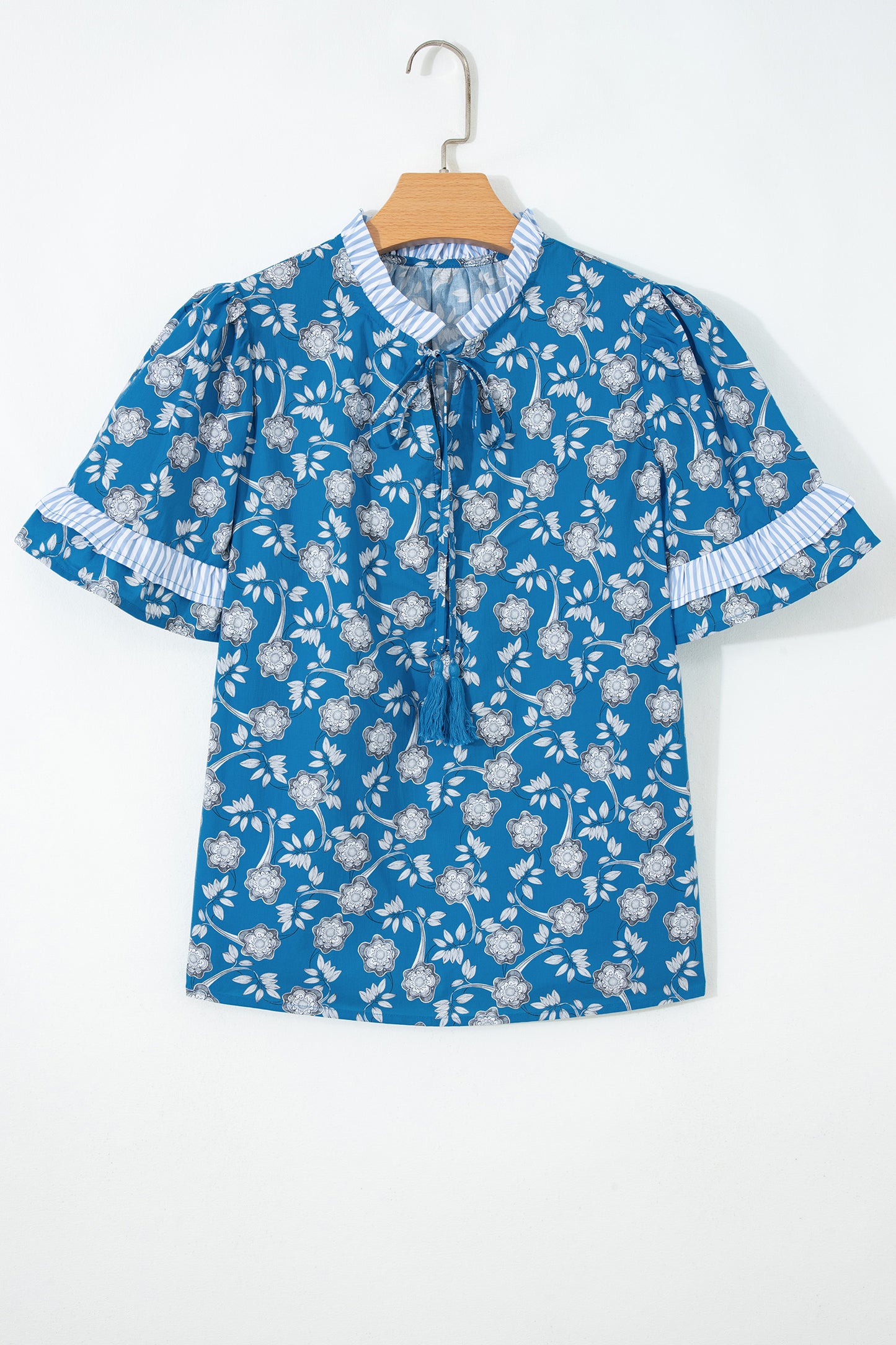 Floral Stripe Trim Tie-Neck Short Sleeve Blouse