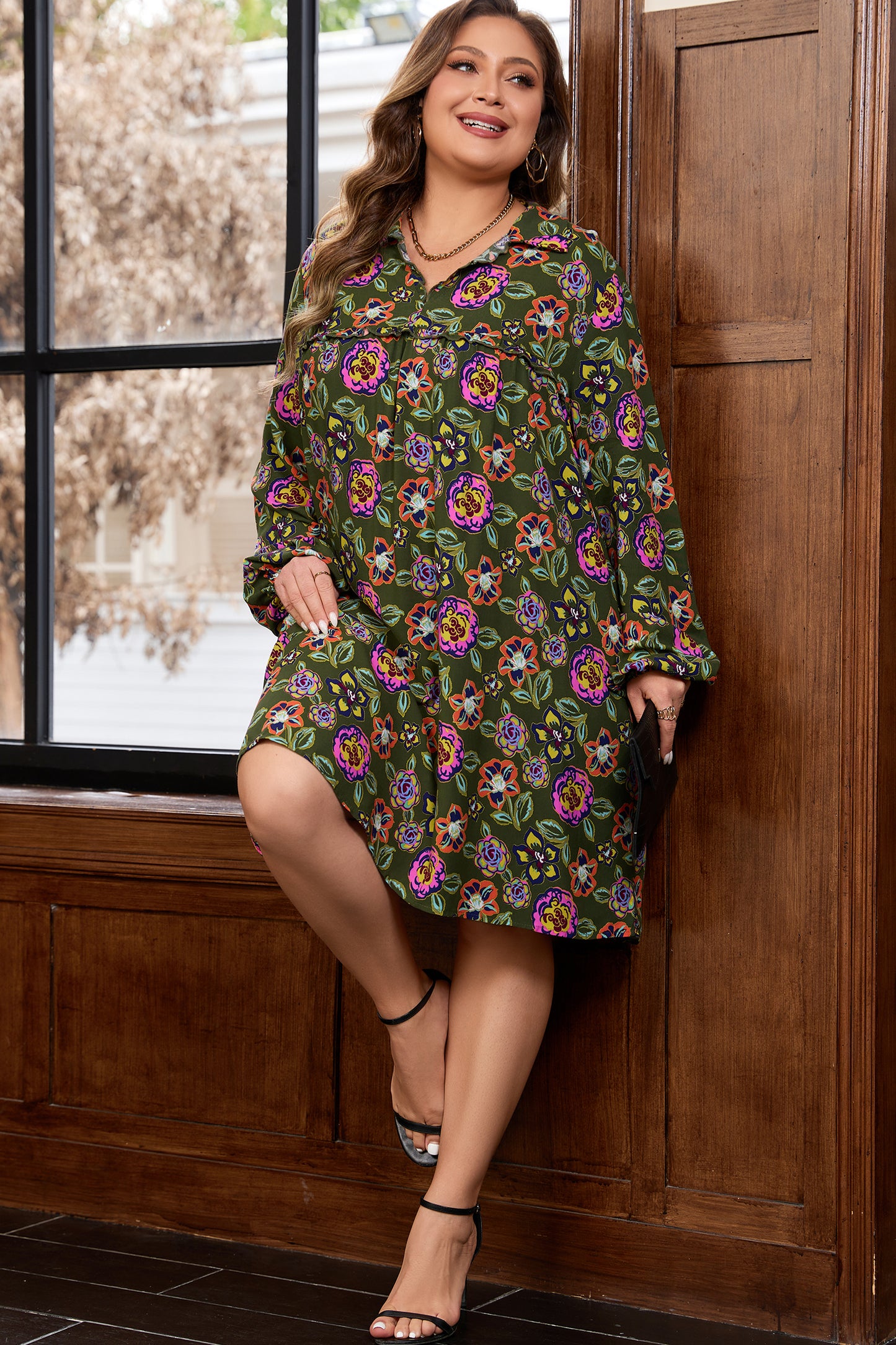 Plus Size Floral Collared V-Neck Mini Dress