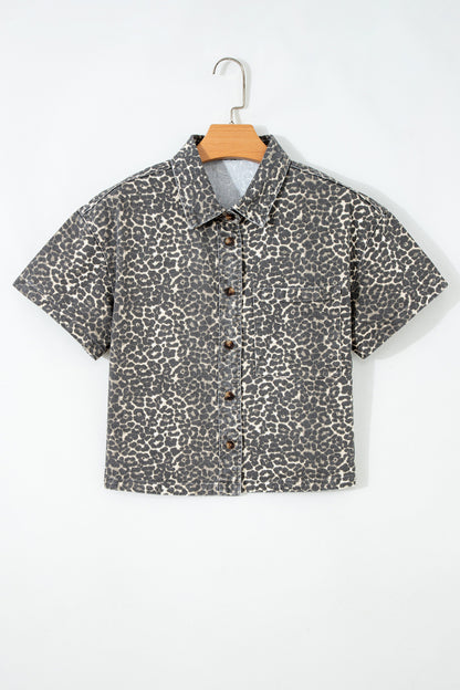 Leopard Denim Short Sleeve Button Up Cropped Shirt