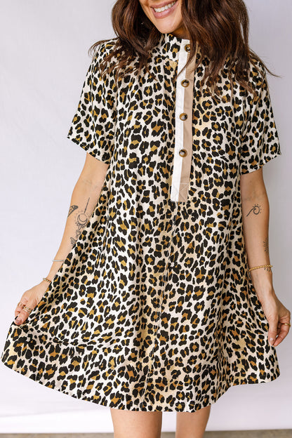 Leopard Half Buttoned Short Sleeve Mini Dress