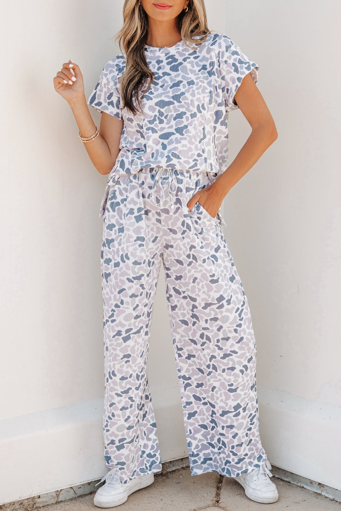 Camo Corded Knit Tee & Drawstring Pants Set