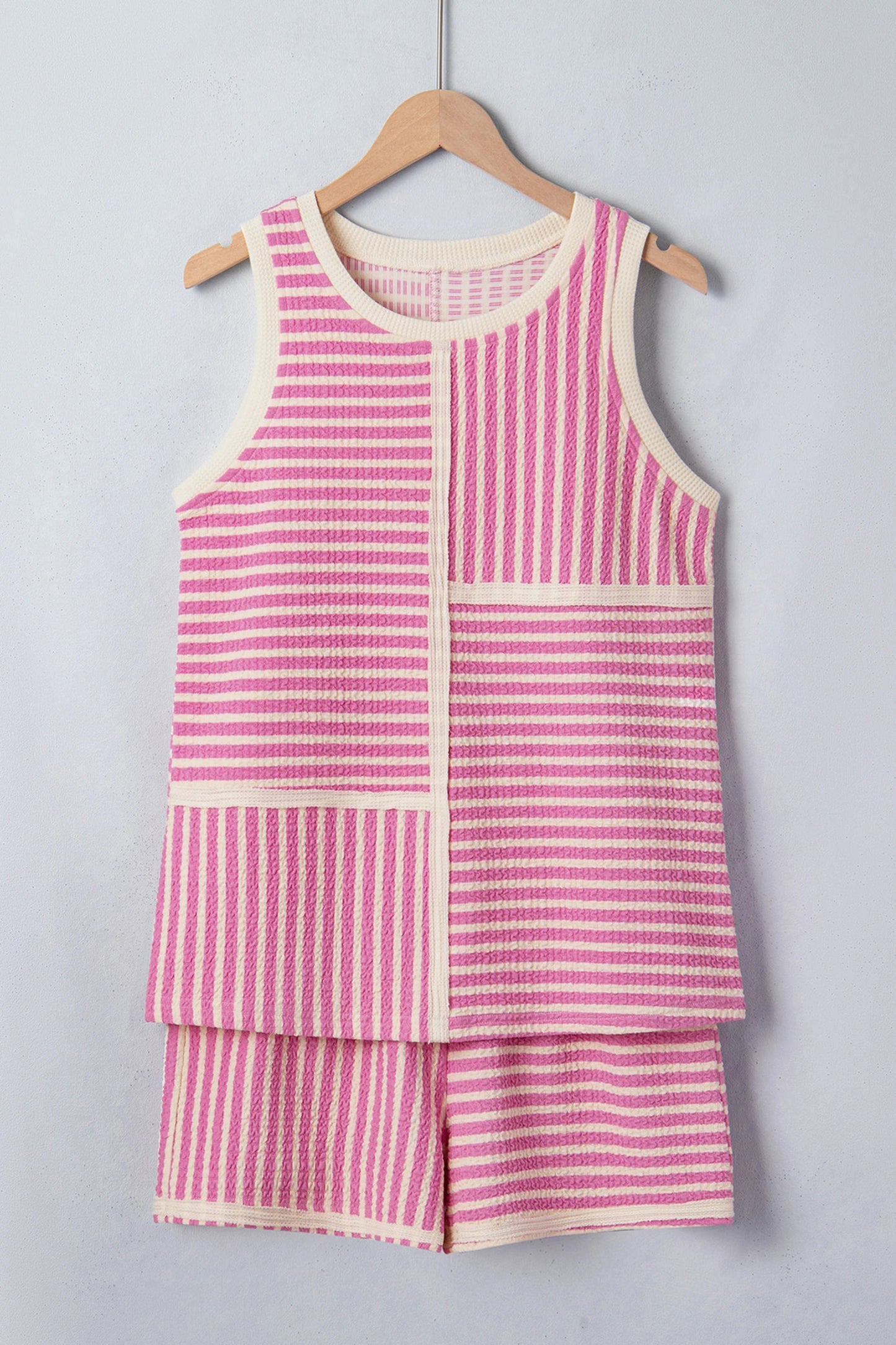 Stripe Contrast Trim Textured Tank & Shorts Set