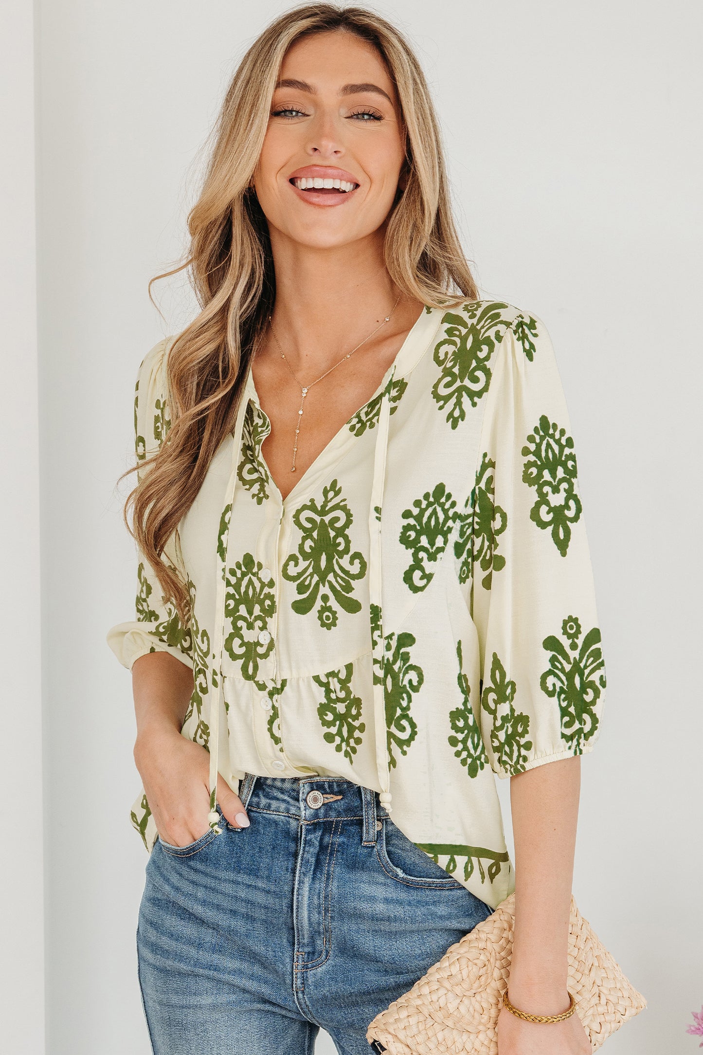 Boho Abstract Tie V-Neck Puff Sleeve Shirt