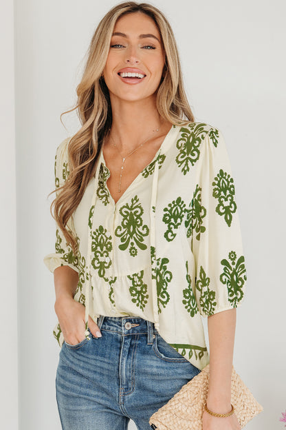 Boho Abstract Tie V-Neck Puff Sleeve Shirt