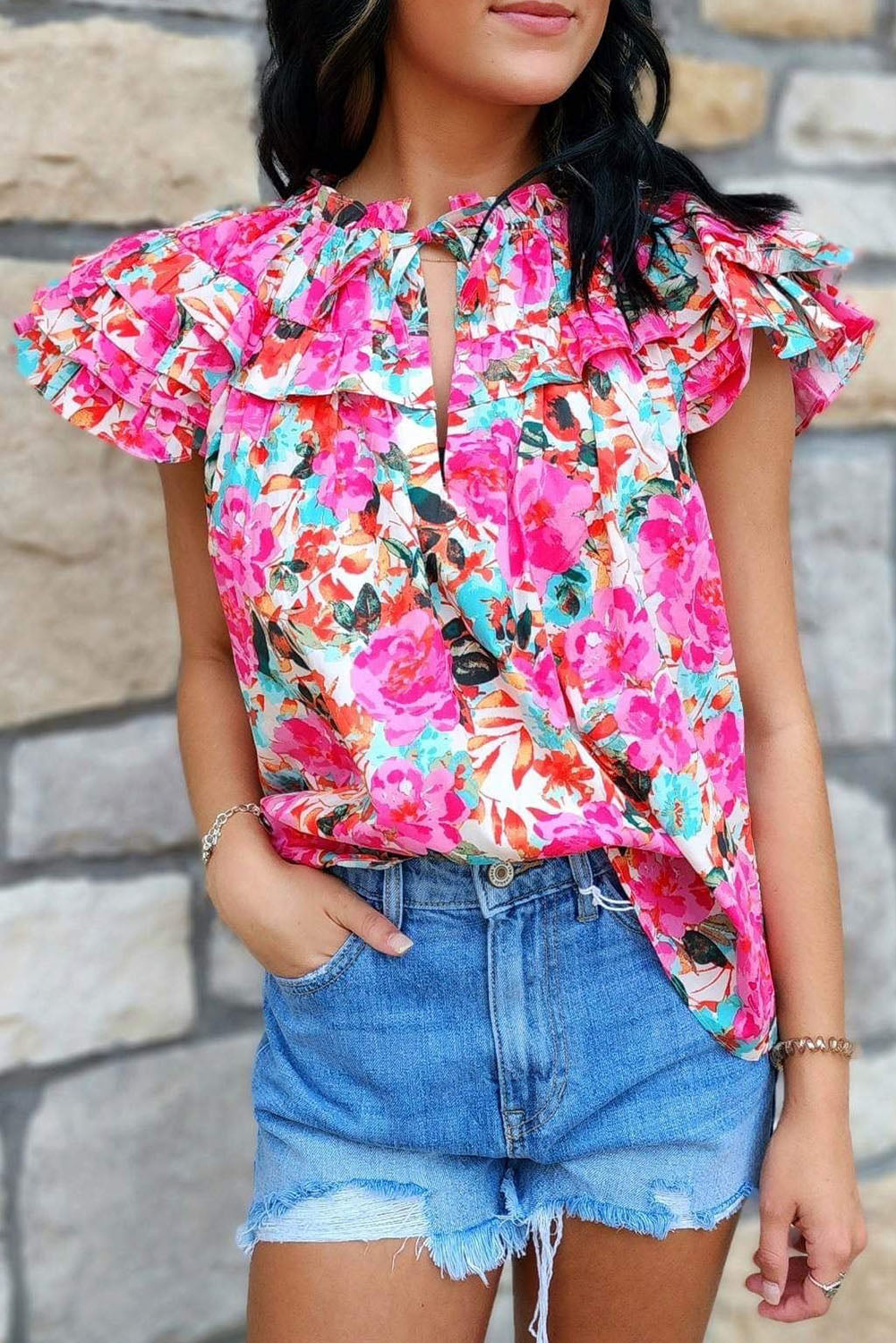 Floral Ruffle Flutter Sleeve Blouse