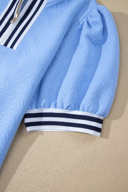 Stripe Trim Split Neck Puff Sleeve Textured Top