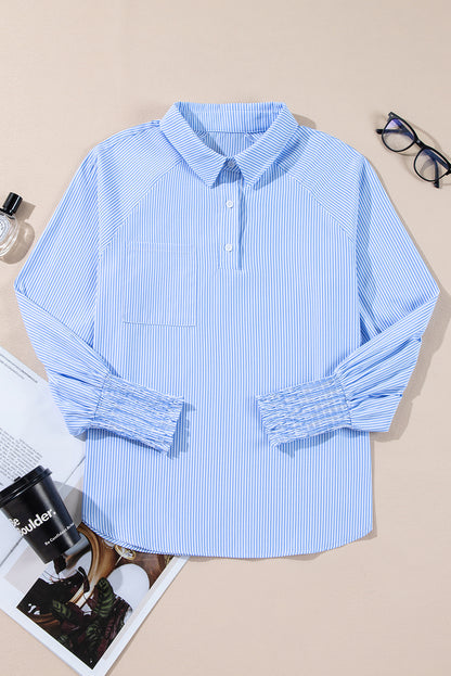 Stripe Buttoned Collar Smocked Long Sleeve Blouse