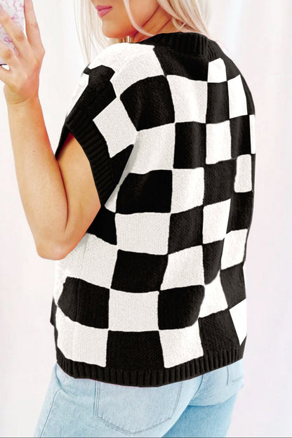 Colorblock Checker Ribbed Trim Top