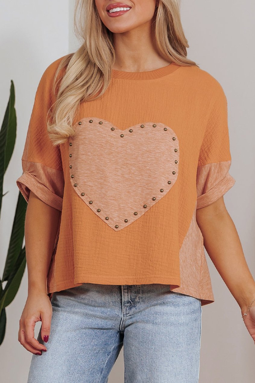 Heart Studded Patchwork Dolman Top