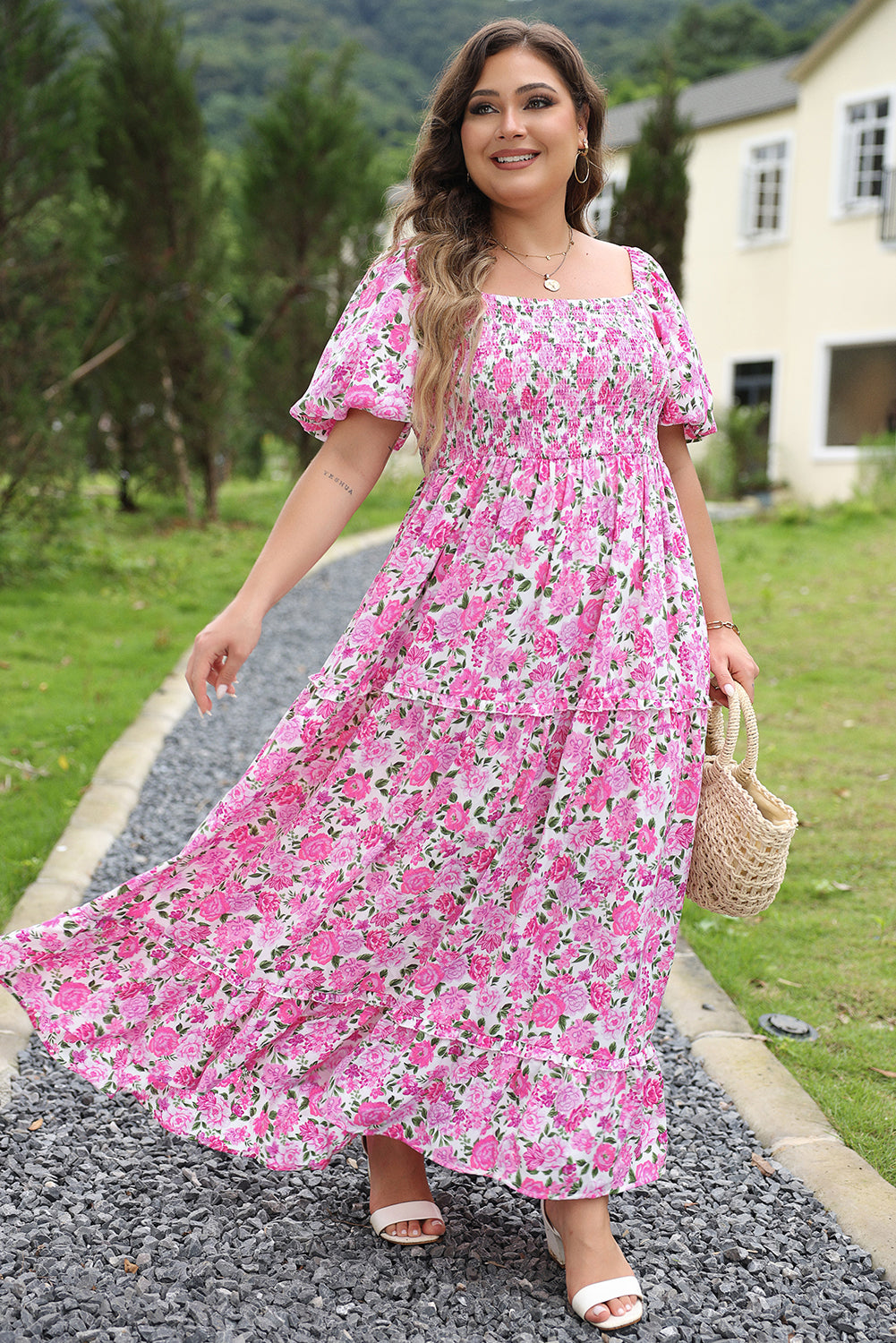 Plus Size Floral Smocked Puff Sleeve Dress