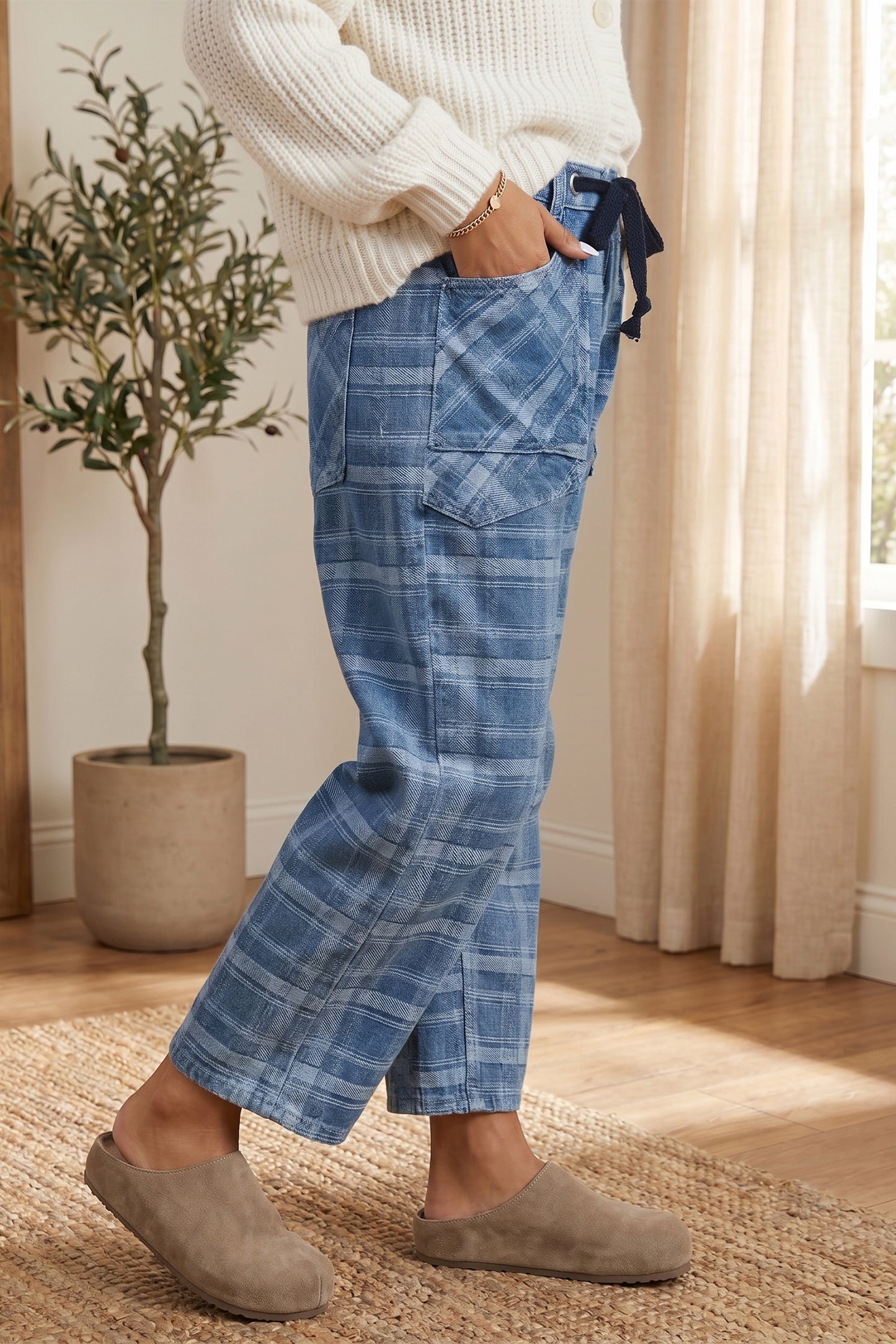 Denim Plaid Grommet Drawstring Waist Jeans