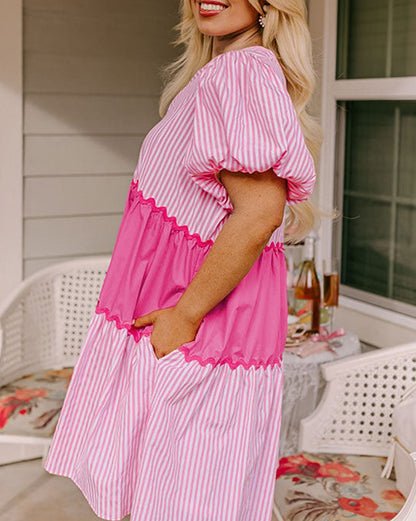 Stripe Ric-Rac Puff Sleeve Dress Plus Size