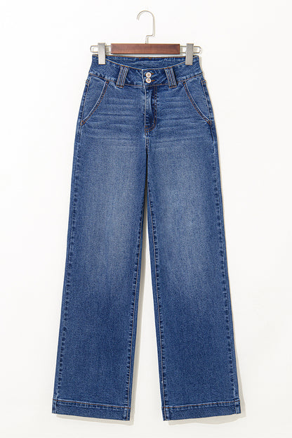 Denim Double Button Straight Leg Jeans