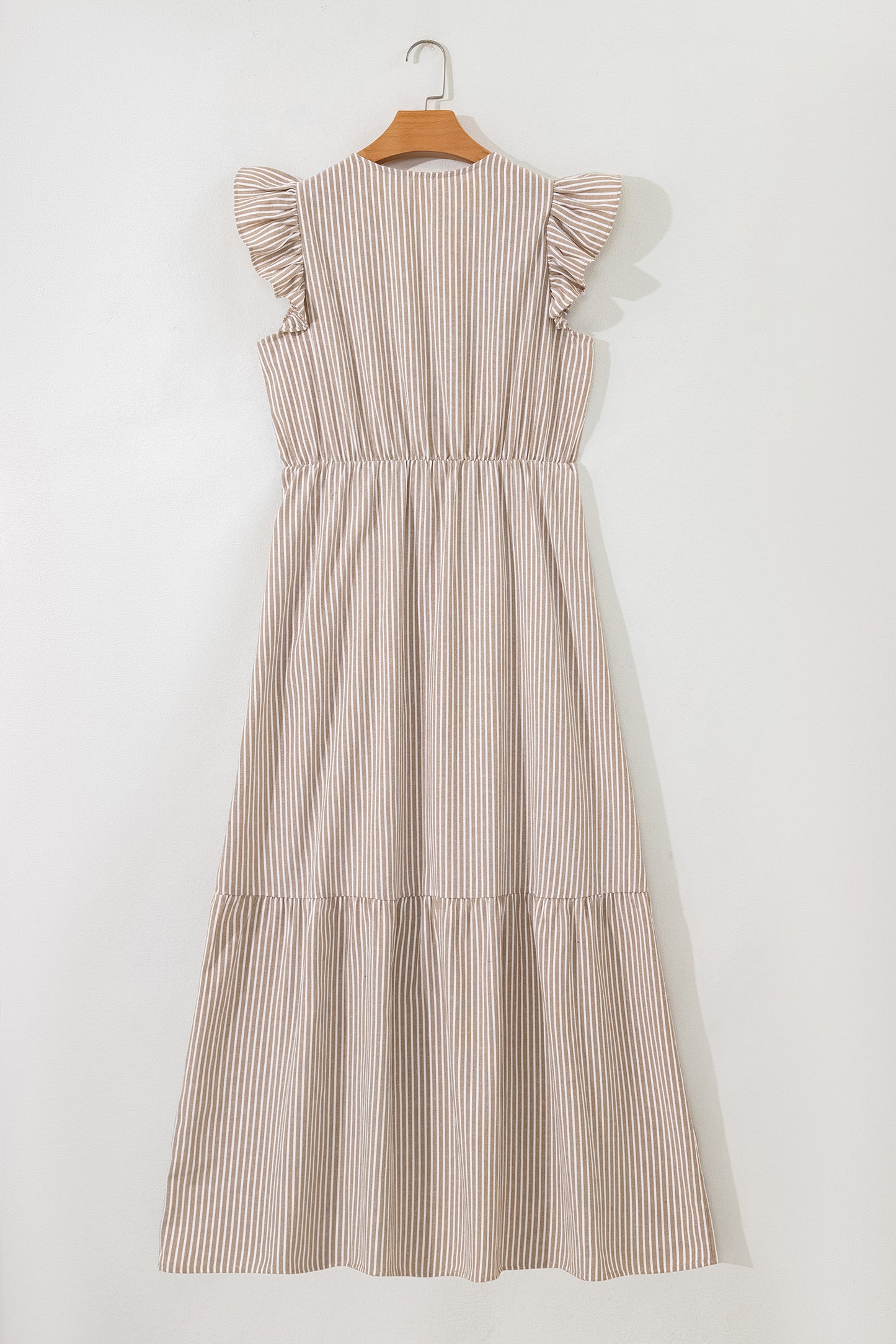 Stripe Flutter Sleeve Buttoned V-Neck Maxi Dress