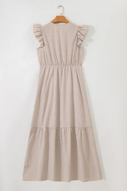 Stripe Flutter Sleeve Buttoned V-Neck Maxi Dress