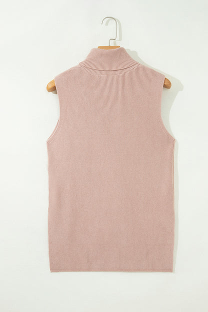 Solid Turtleneck Split Hem Sleeveless Knit Top