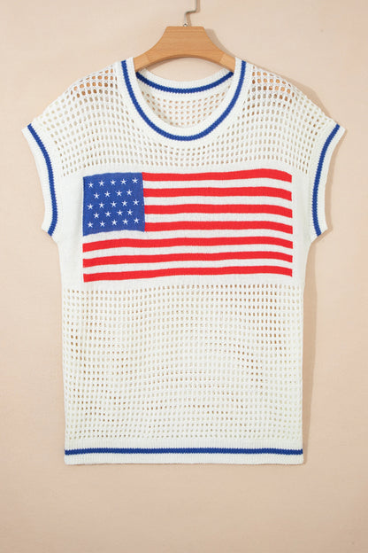USA Flag Eyelet Crochet Cap Sleeve Sweater Top