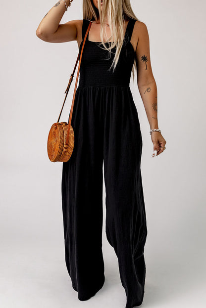 Smocked Pocketed Wide Leg Jumpsuit