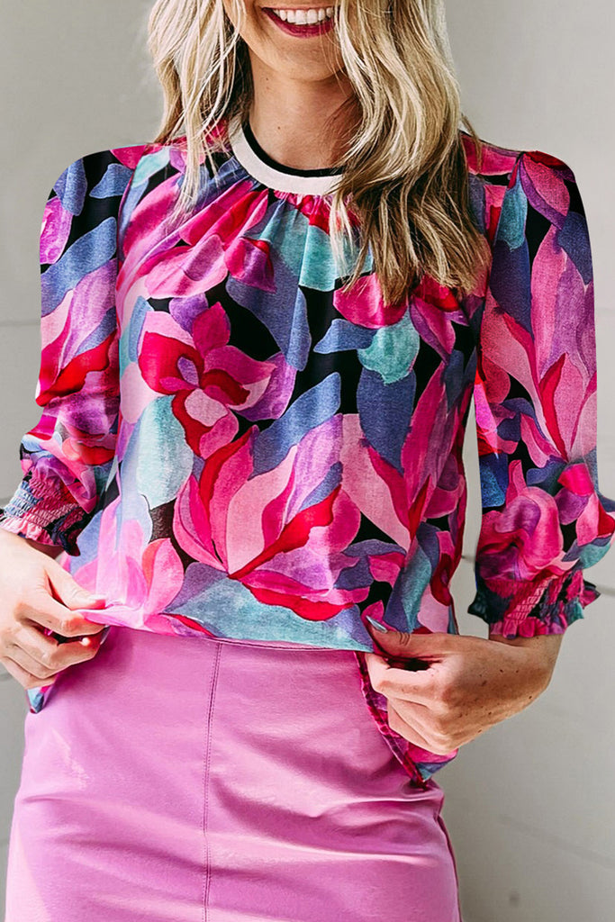 Abstract Floral Puff Sleeve Blouse