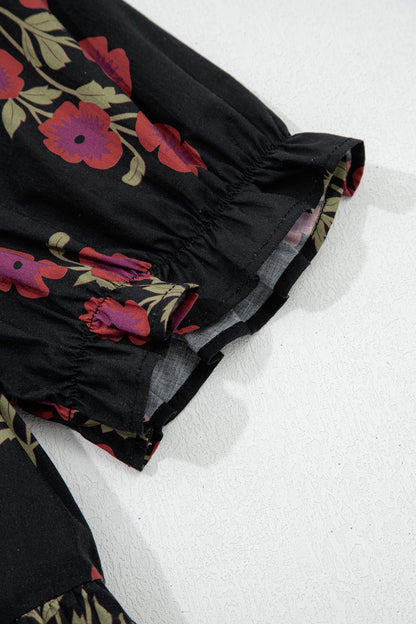 Floral Bubble Sleeve Tiered Maxi Dress