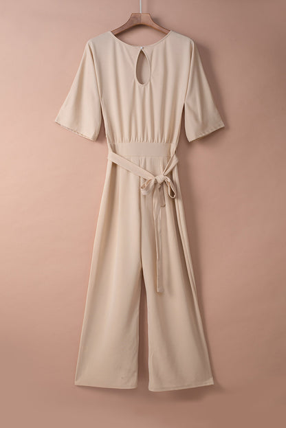 Solid 3/4 Sleeve Wide Leg Jumpsuit