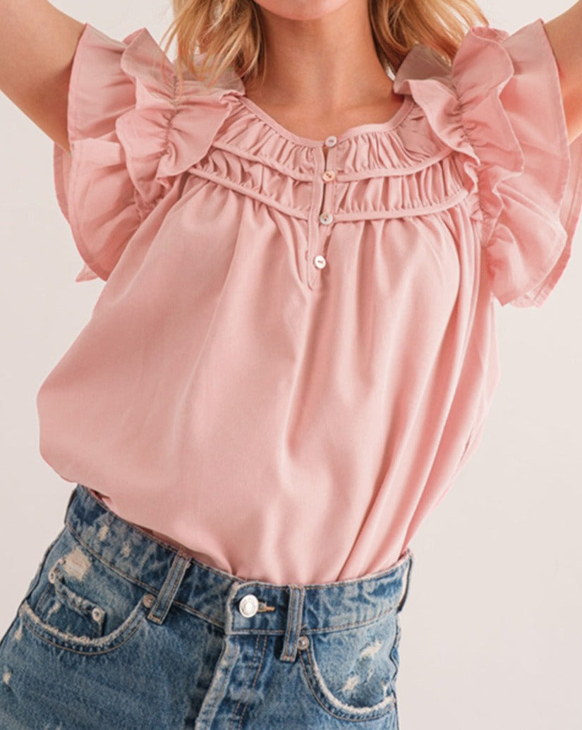 Shirred Ruffle Sleeve Buttoned Blouse