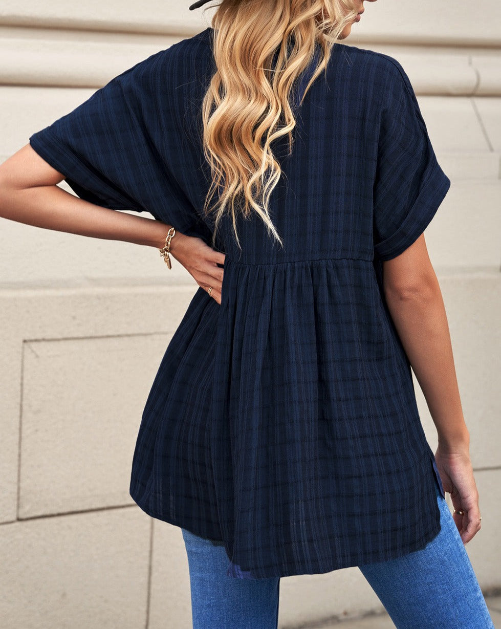 Plaid Split Hem V-Neck Shirt