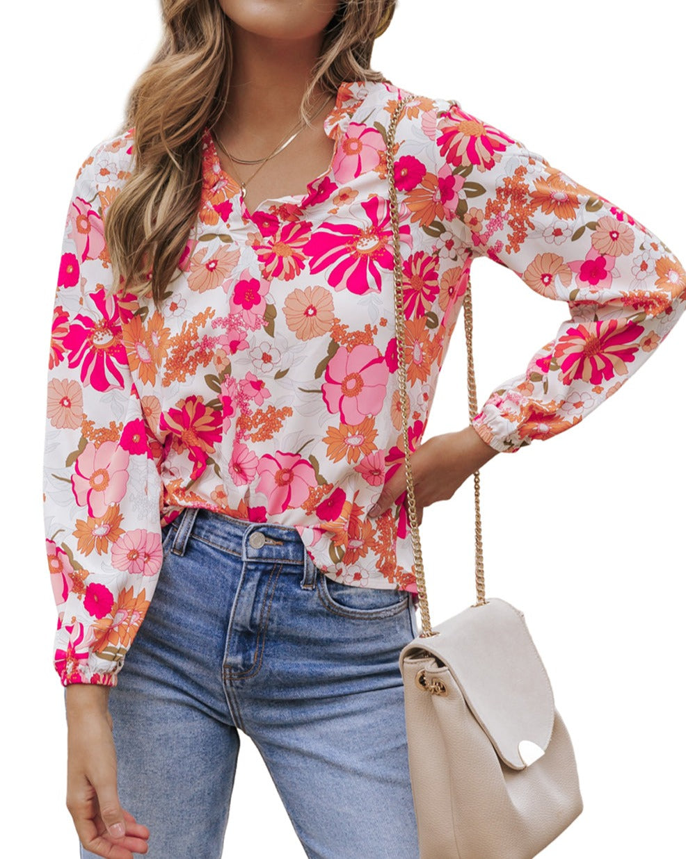 Floral Split V-Neck Blouse