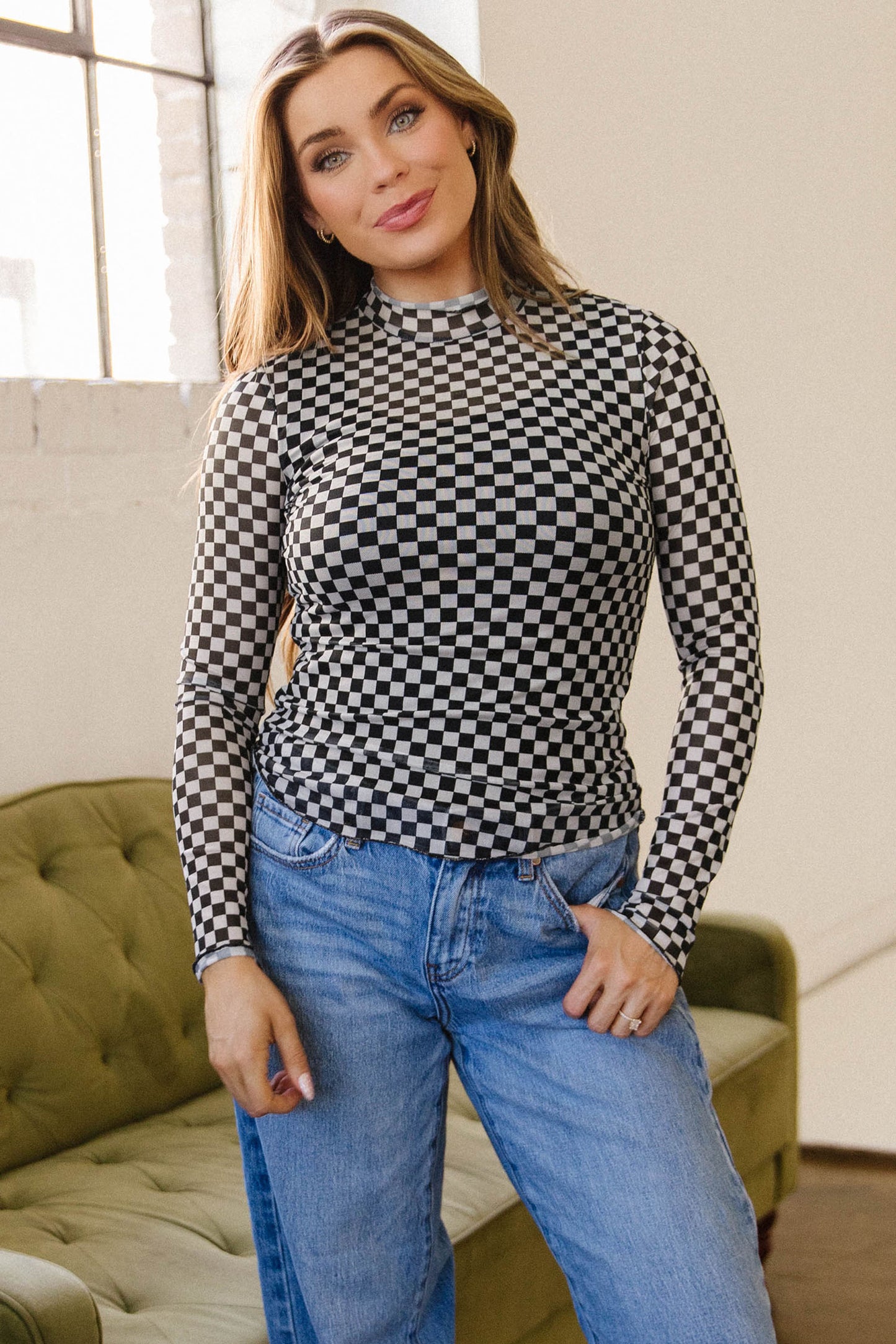 Checker Stand Neck Long Sleeve Mesh Top