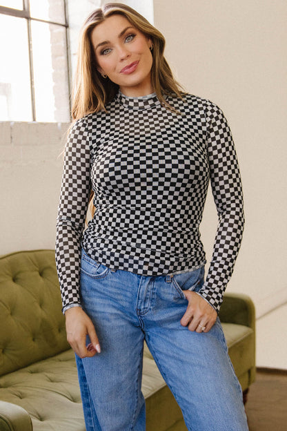 Checker Stand Neck Long Sleeve Mesh Top