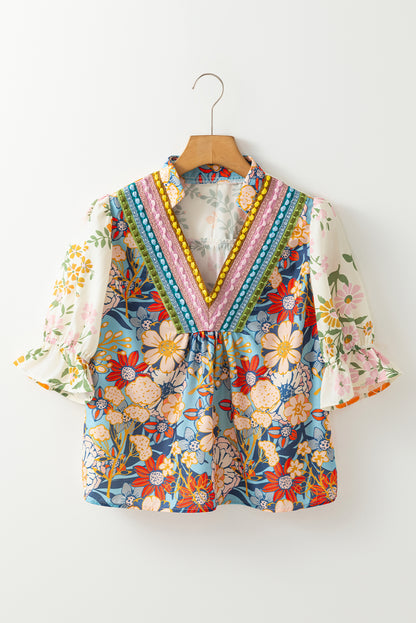 Floral Boho Crochet V-Neck Short Sleeve Blouse