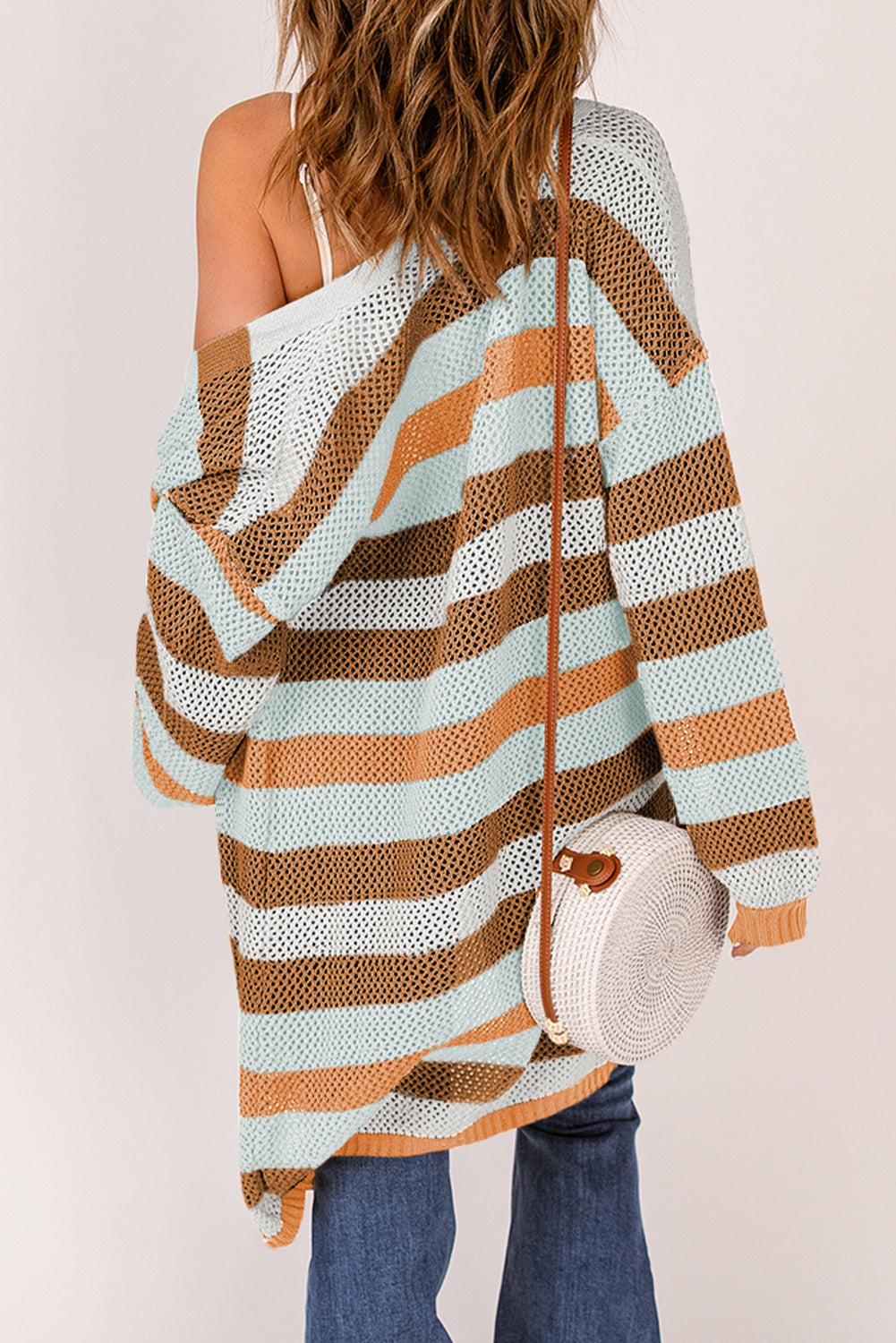 Stripe Colorblock Hollowed Knit Cardigan