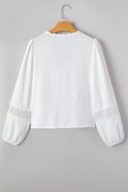 Solid Floral Guipure Lace Frilled Long Sleeve Blouse