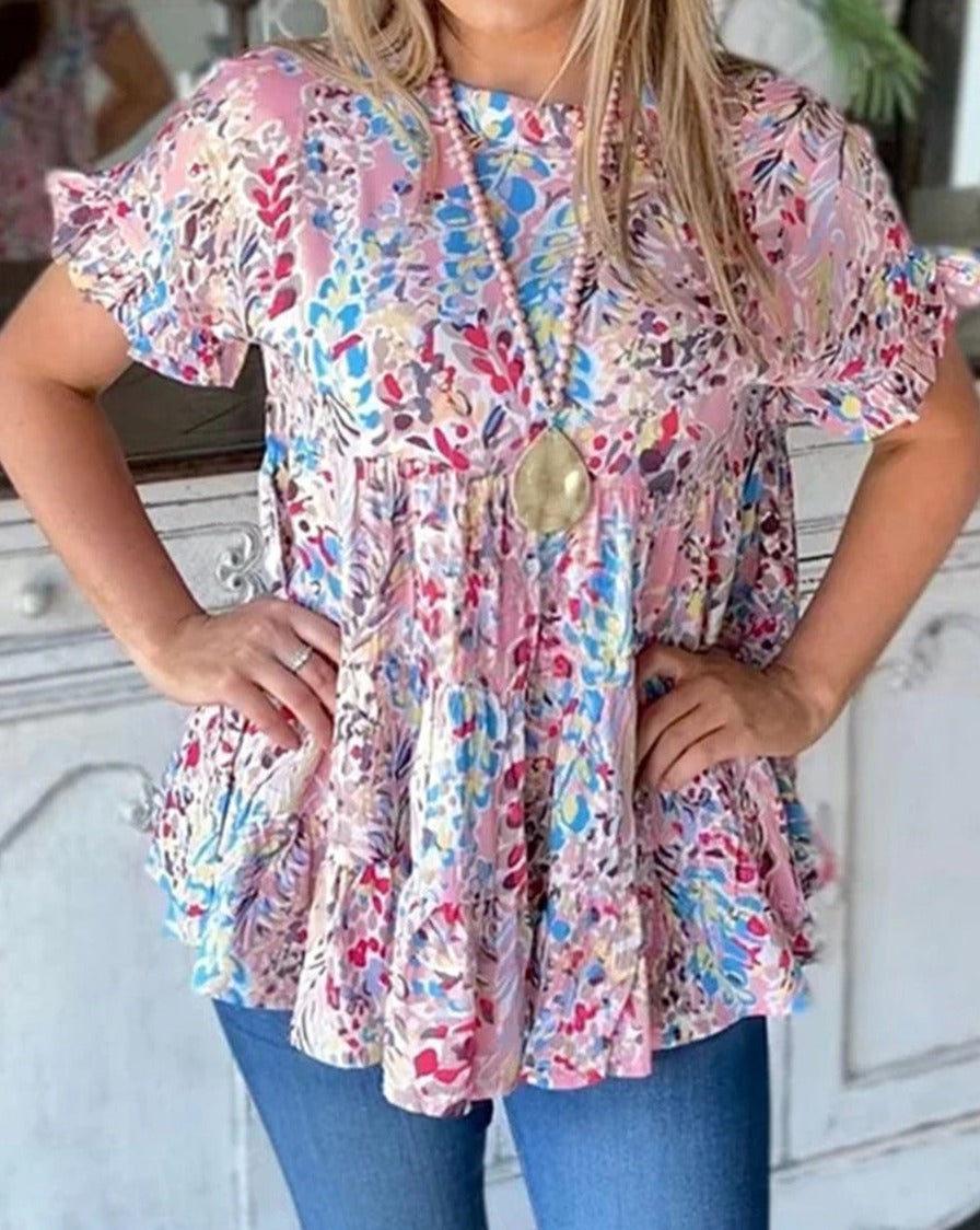 Floral Ruffle Sleeve Babydoll Top