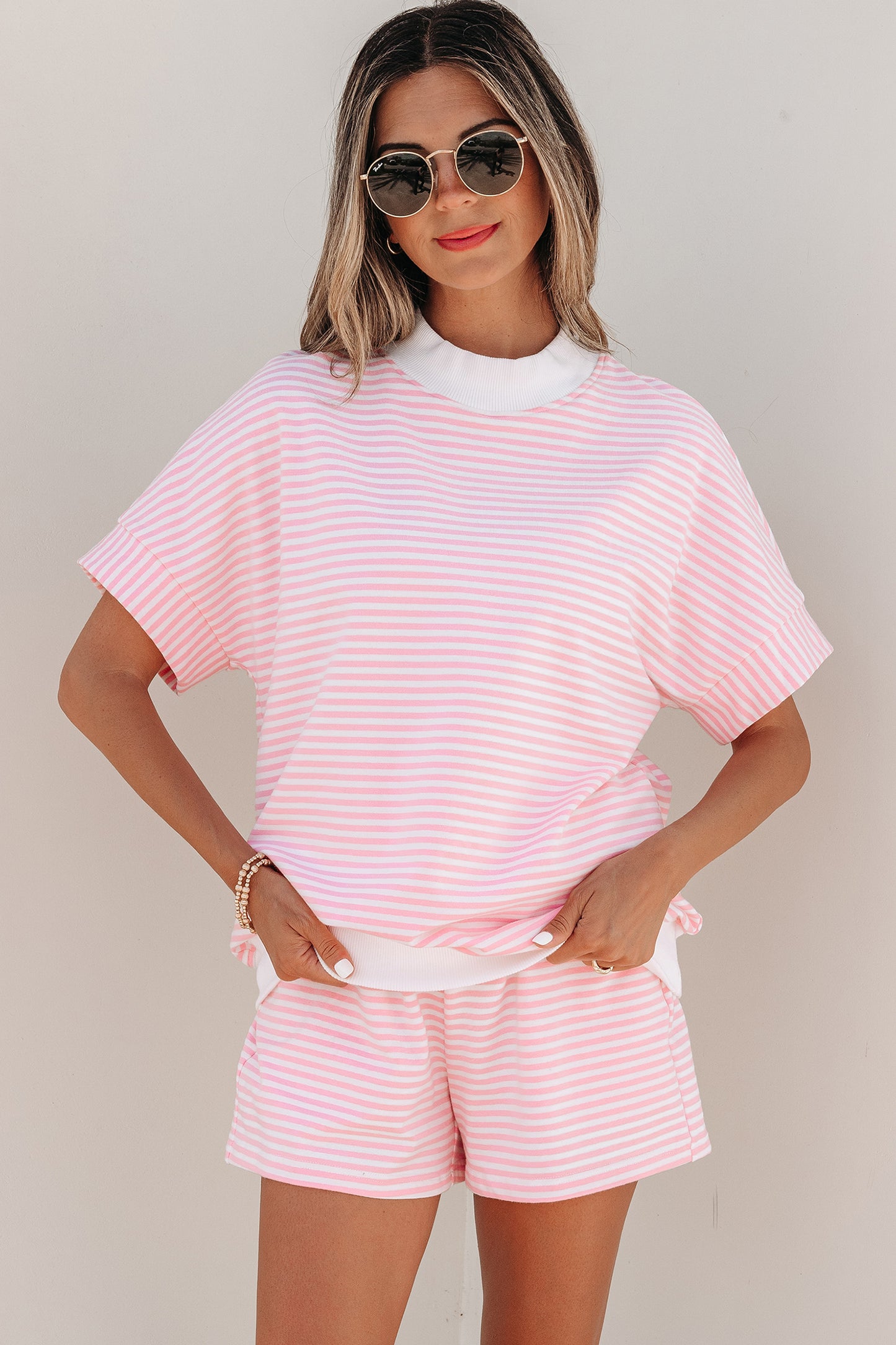 Stripe Contrast Mock Neck Tee & Shorts Set