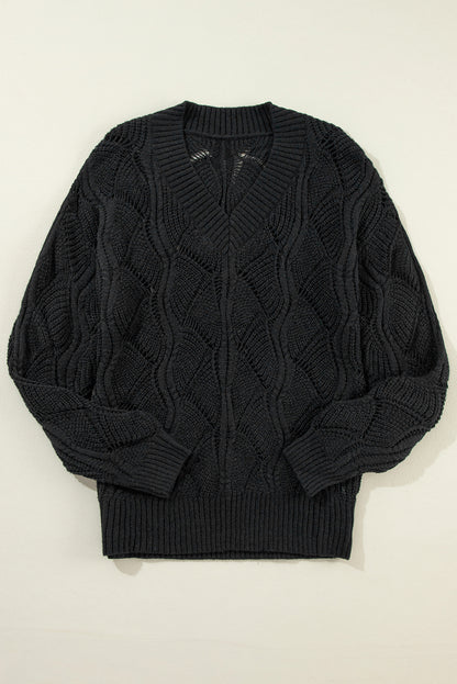 Hollow-Out Knit V-Neck Drop Shoulder Sweater