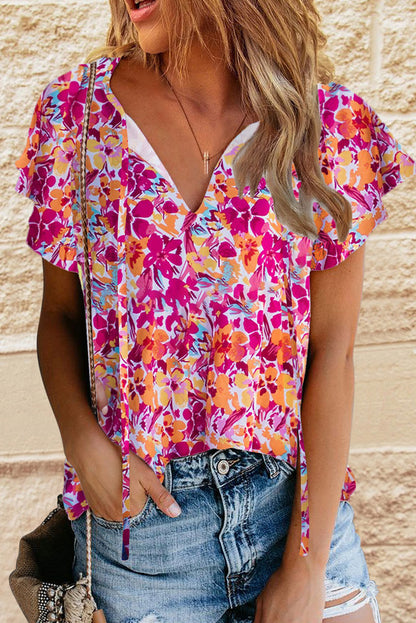 Floral Flutter Sleeve V-Neck Top