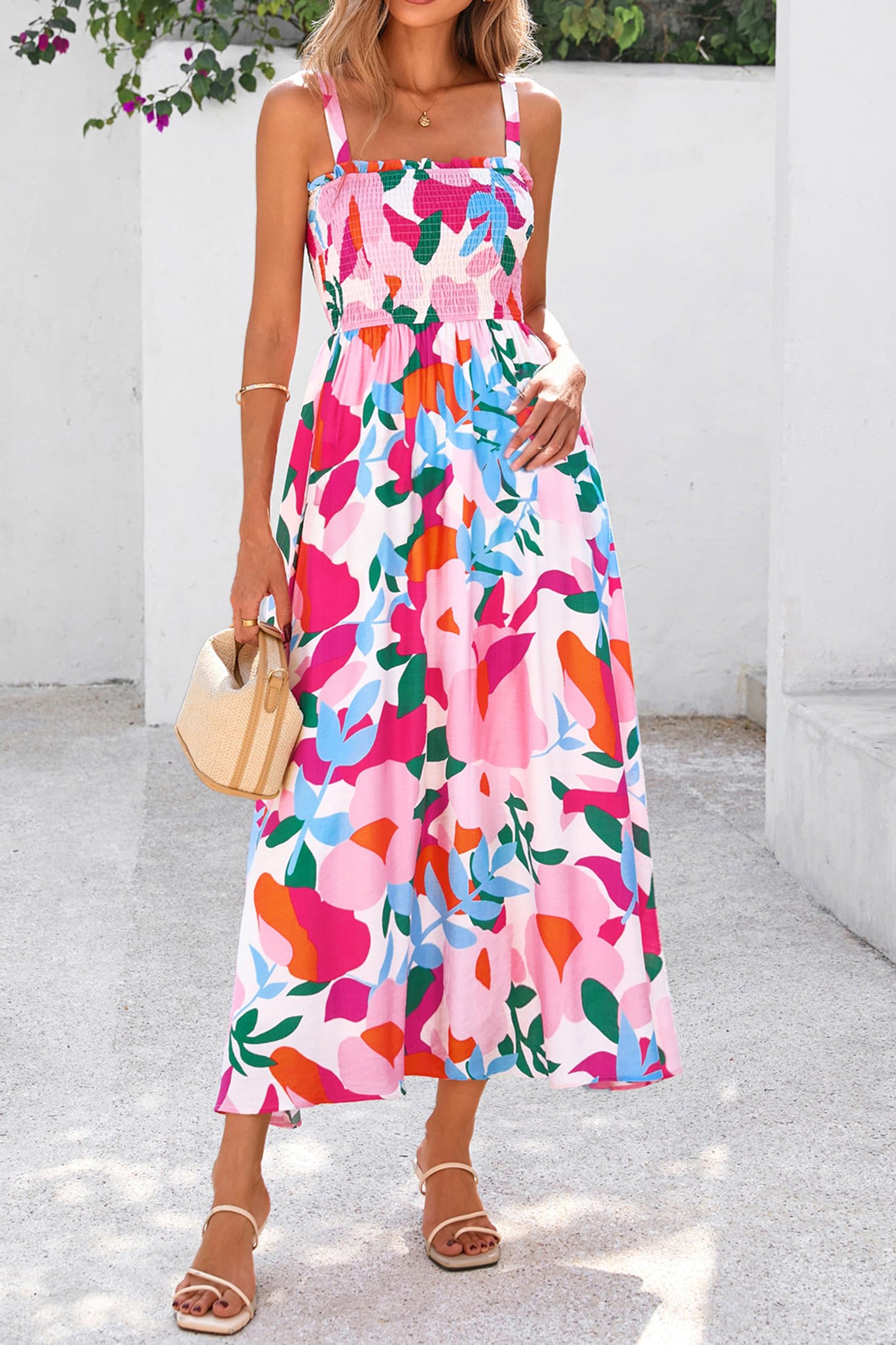 Abstract Floral Smocked High Waist Maxi Sundress