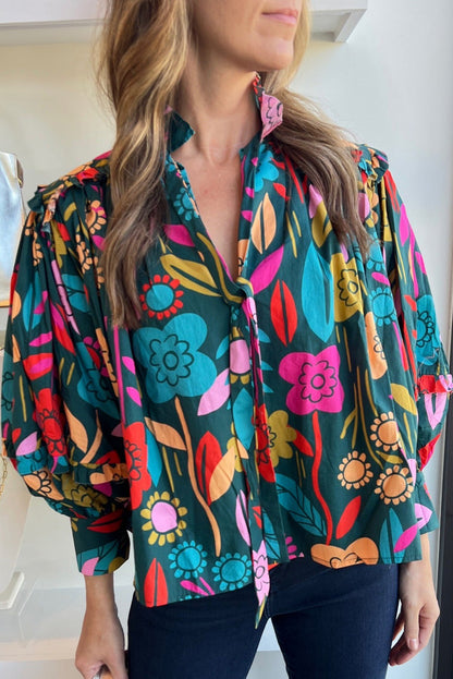 Floral Tie Collar Puff Sleeve Blouse