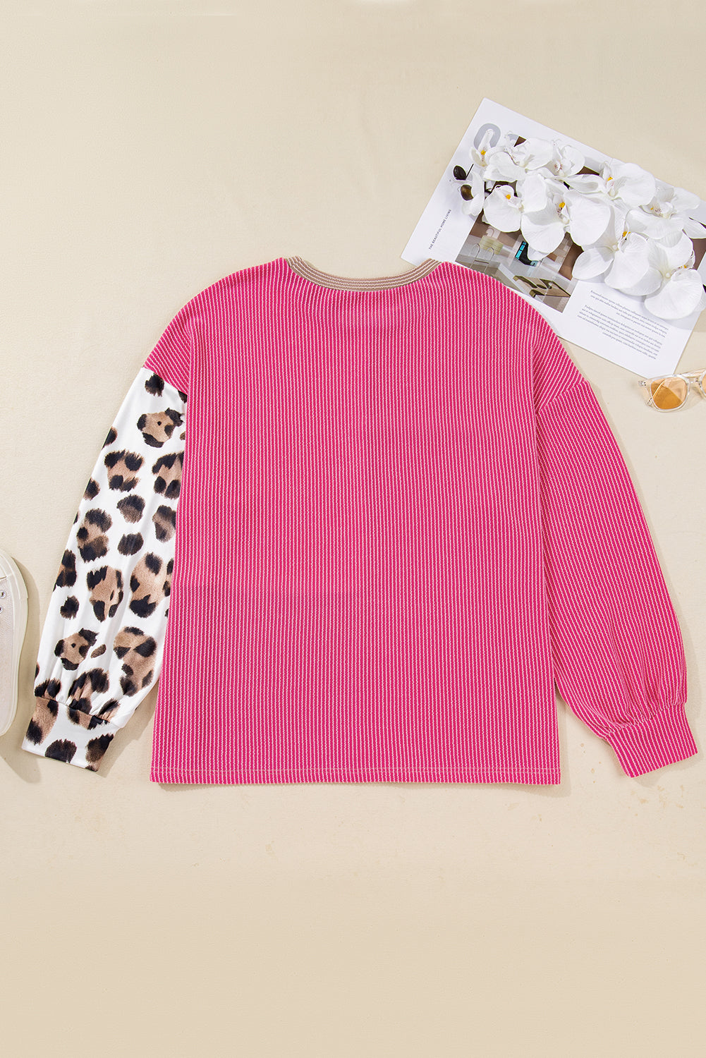 Plus Size Leopard Corded Knit Patchwork Long Sleeve Top