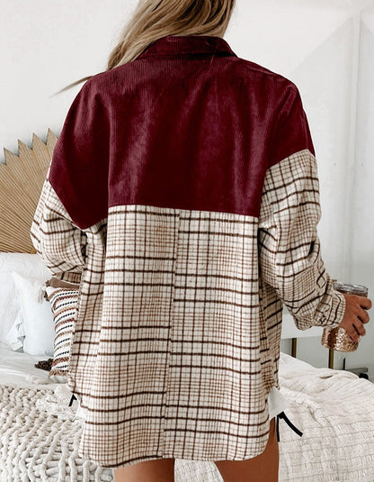 Plaid Corduroy Patchwork Buttoned Shacket